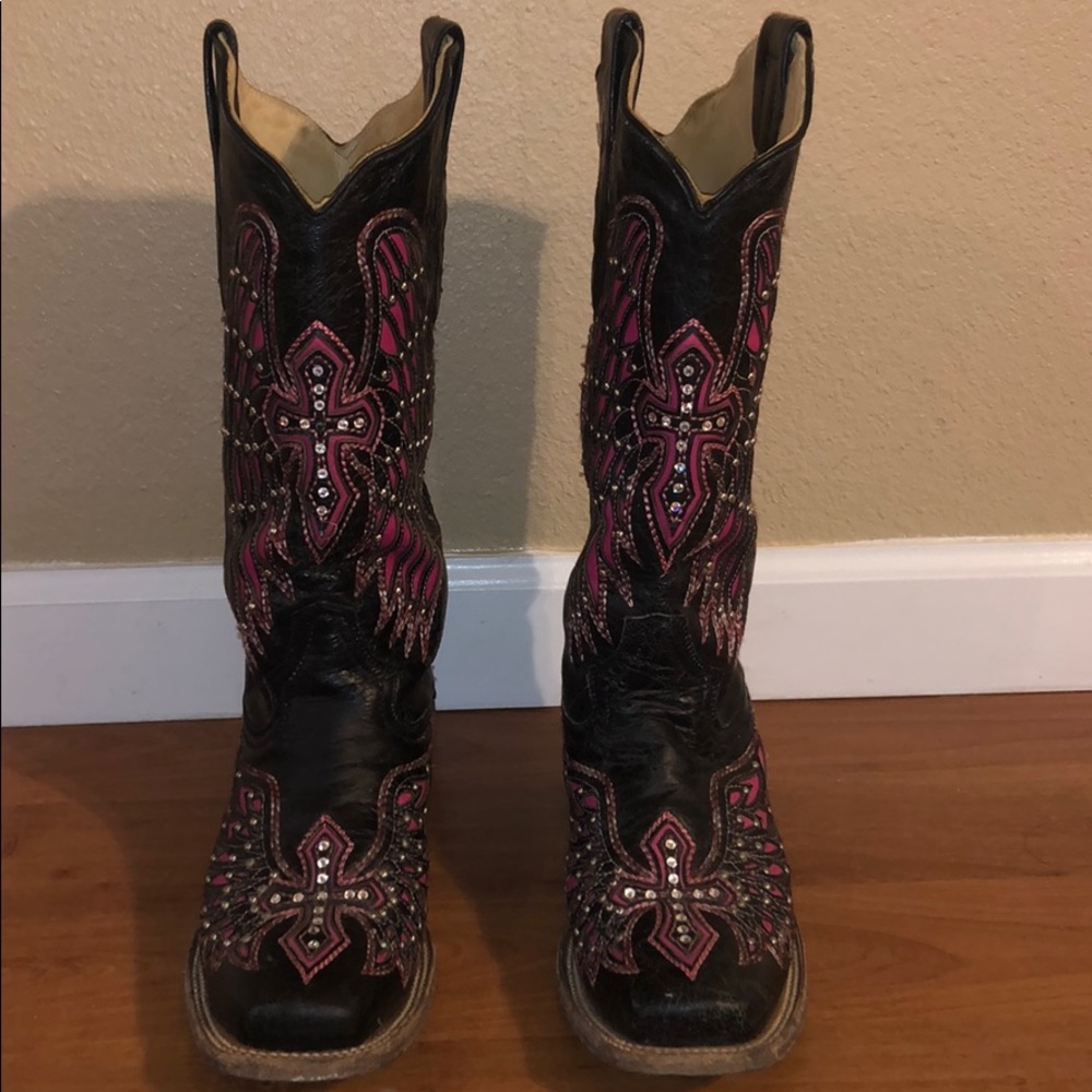 Black and Pink Corral Cowgirl Boots